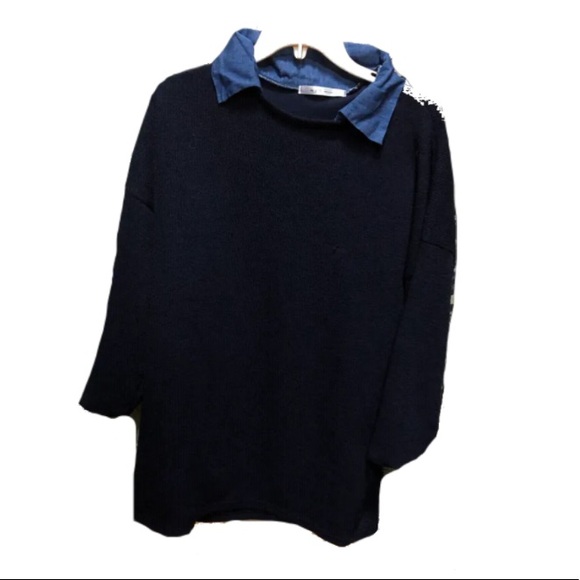 Navy mini sweater dress with denim collar - Picture 1 of 1